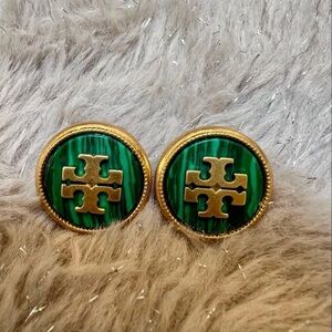 Tory Burch Malachite Green and Gold Logo Earrings